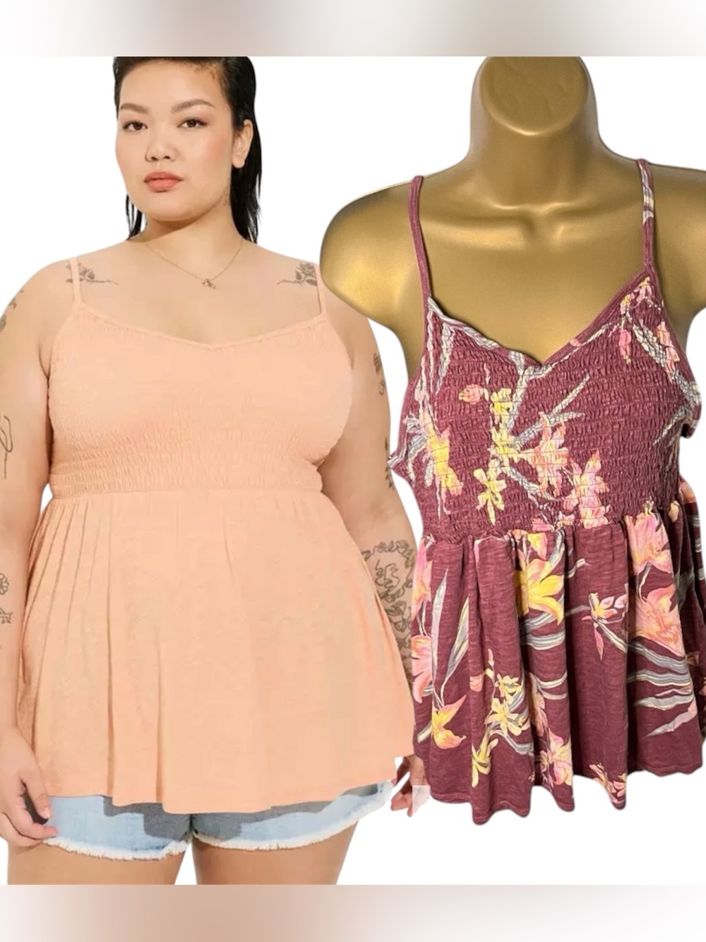 Torrid Babydoll Cami Tank Top Smocked Floral Mauve 1